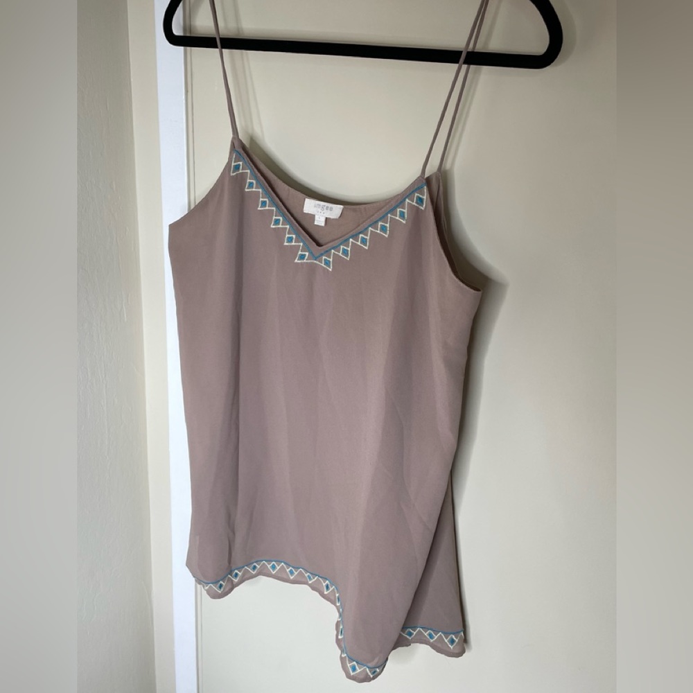 Umgee Tunic Tank Women Large 14/16 Tan Turquoise Trim Spaghetti Straps Lined